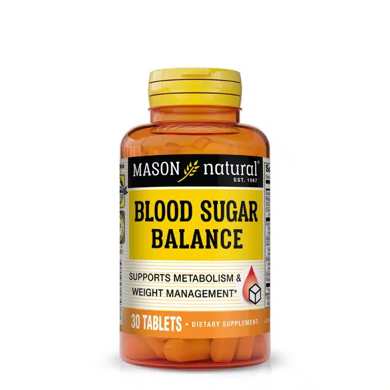 Blood Sugar Balance 30 Tablettes Mason Natural 1 Soutenez l’équilibre du sucre dans le sang avec Blood Sugar Balance Mason Natural. Formule avec chrome et cannelle pour un métabolisme sain et une énergie stable.