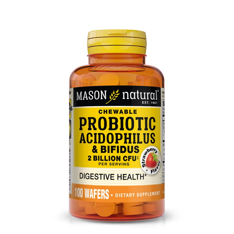 Probiotic Acidophilus With Bifidus 2 Billion CFU Chewable 100 Wafers (Saveur Fraise) Mason Vitamins 1 Mason Vitamins Probiotic Acidophilus avec Bifidus 2 Billion CFU aide à maintenir une digestion saine, équilibre la flore intestinale et soutient le système immunitaire.