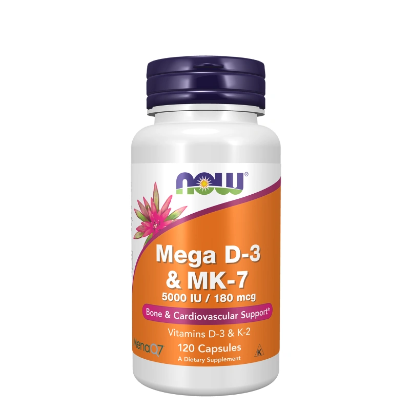 Mega D-3 MK-7 120 Veg capsules NOW Foods 1 Mega D-3 MK-7 de NOW Foods associe vitamine D3 et K2 pour soutenir la santé osseuse, cardiovasculaire et l’absorption optimale du calcium